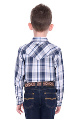 Pure Western Boy’s Billy Check Western Long Sleeve Shirt - Navy/White [Siz:4]