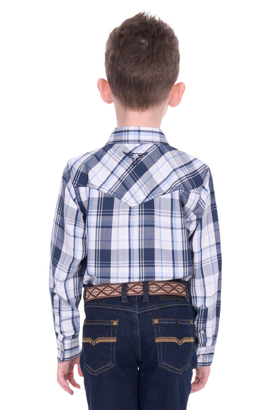 Pure Western Boy’s Billy Check Western Long Sleeve Shirt - Navy/White [Siz:4]