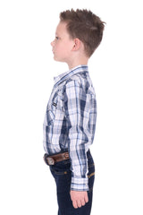 Pure Western Boy’s Billy Check Western Long Sleeve Shirt - Navy/White [Siz:4]