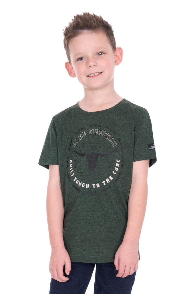 Pure Western Boy’s Oscar Short Sleeve Tee - Green Marle [Siz:4]
