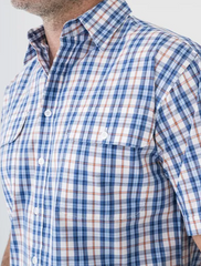 Bisley Mens S/S Shirt - Check Orange/Blue [Siz:L]