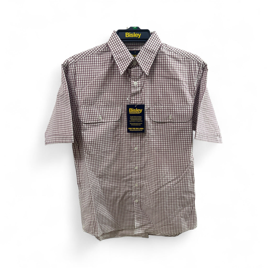 Bisley Mens Short Sleeve Check Shirt - Maroon [Siz:S]