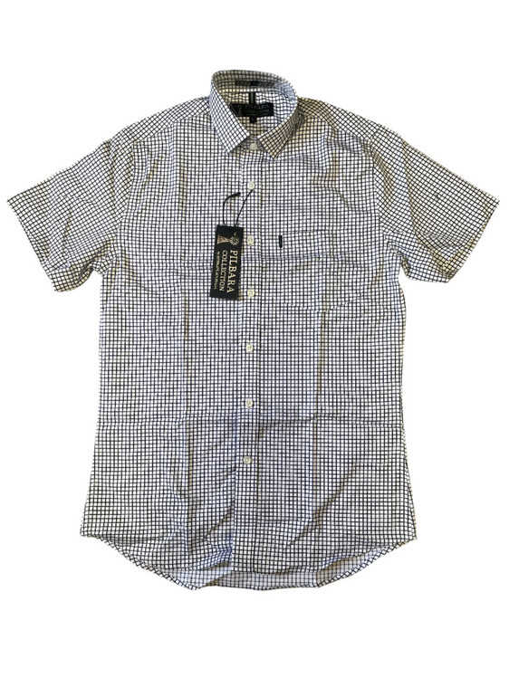 Pilbara Mens Y/D Check Single Pocket Short Sleeve Shirt - Navy/White