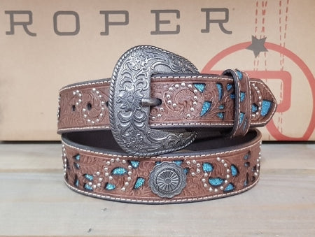 Roper 67907 Womens Belt 1 1/2" Leather Brown Tooled/Blue Cutout