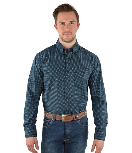 Pure Western Mens Adams Print Button Down Long Sleeve Shirt - Black/Blue